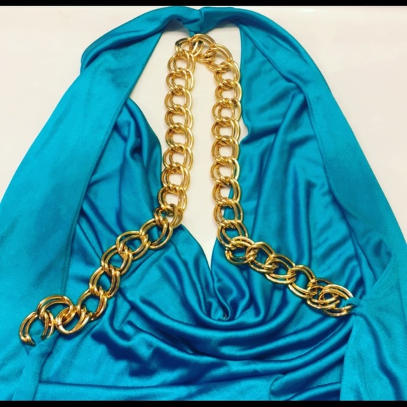 Draped Teal Top with gold chain back - Picture 4 of 4
